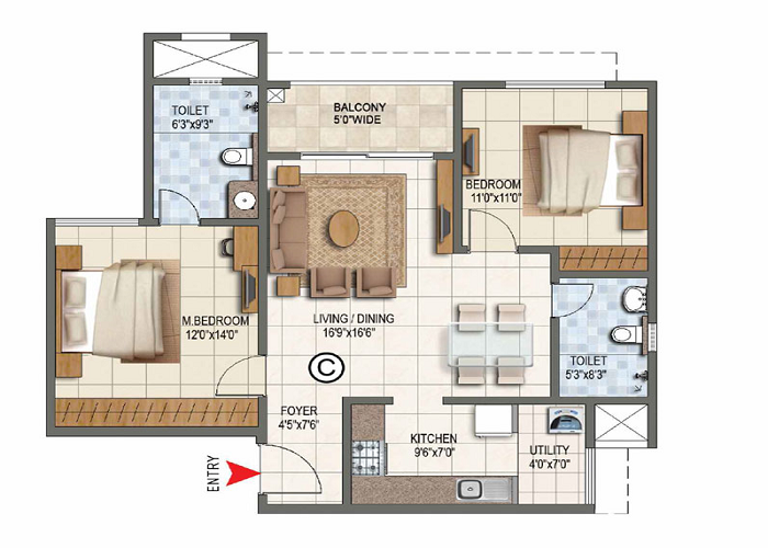 BNW La Perla 2 BHK Floor Plan